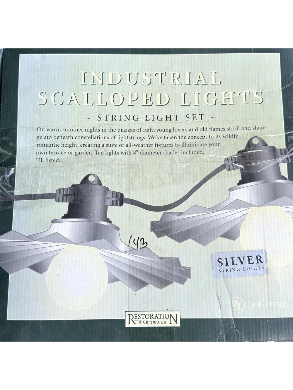 Restoration Hardware OUTDOOR Industrial String Lights 8" Silver NEW $169RETAIL